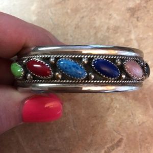 JS Solid Sterling Silver 925 Multi Stone Turquoise Cuff Bracelet